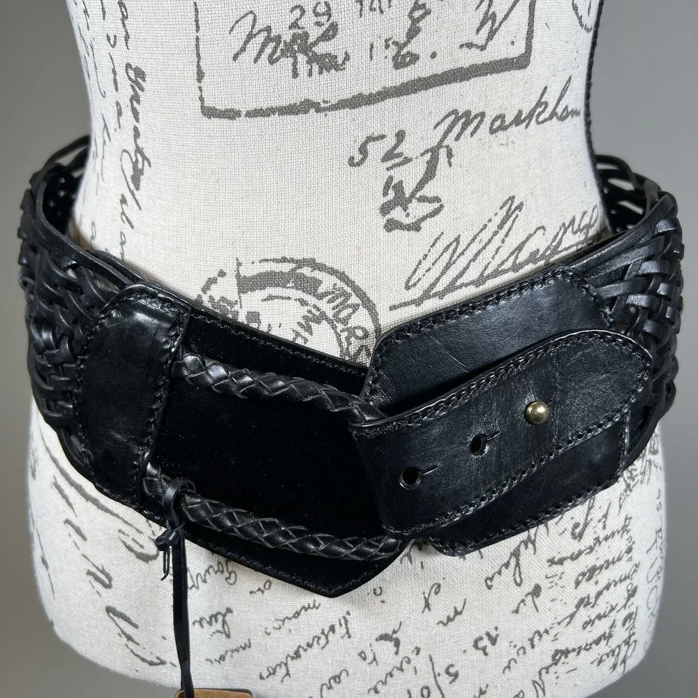 Linea Pelle Handmade Woven Wide Leather Belt Med Black Boho Western Festival NWD